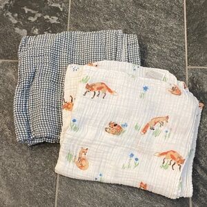 Fox Print and Blue Check Little Unicorn Muslin Swaddles